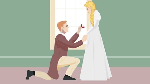 A man in expensive clothes is on one knee offering a ring to a lady with long blonde hair