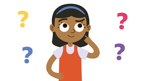 An illustration of a young girl thinking with 4 question marks around her head.