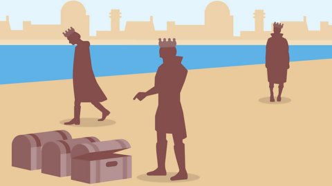 Three silhouettes of men in crowns stand on a beach, on is pointing at three chests on the ground, the other two are deep in thought