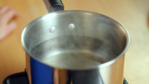 A saucepan containing water that is simmering