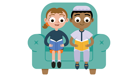 An illustration of two young children reading books on a green couch. 