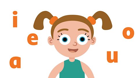 An illustration oif a young girl smiling with the letters a,e,i,o,u around her head.