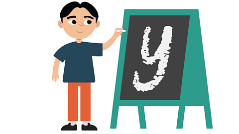 An illustration of a young boy drawing a y on a blackboard with chalk.