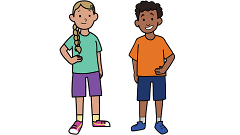 A girl dressed in green t-shirt, purple shorts and pink trainers. With her hair in a long plait. Next to her a boy in an orange t-shirt and blue shorts and trainers