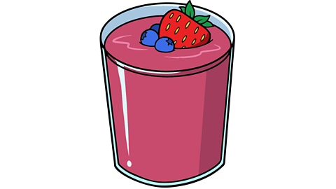 An illustrated glass of pink smoothie with a strawberry and blueberries in the top