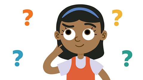 An illustration of a young girl smiling with question marks around her.