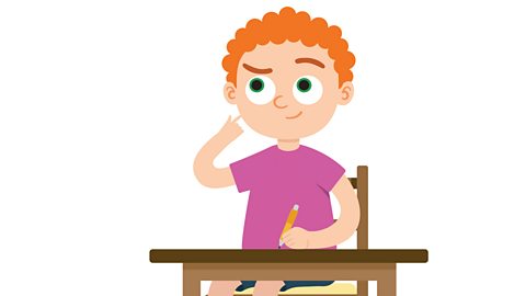 An illustration of a young boy thinking at a desk.