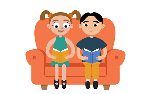 An illustration of a boy and a girl reading on a red sofa.