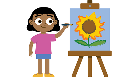 An illustration of a young girl painting a sunflower onto a canvas which is held up by an easel. 