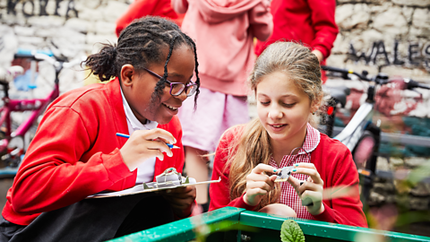 Two female primary school pupils working together to use their micro:bits to meausre surface temperatures. 