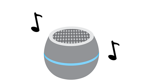 A smart speaker surrounded and two musical notes.