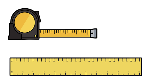 A yellow and black tape measure next to a yellow 30cm ruler