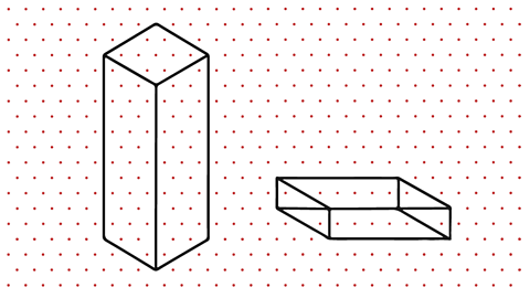 Two cuboids made up of black lines drawn on a background of red dots.