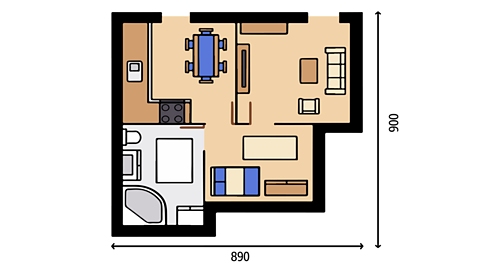 An aerial view plan of a house interior showing a bedroom, bathroom, living room and kitchen including furniture. Measurements on the sides: 900 and 890