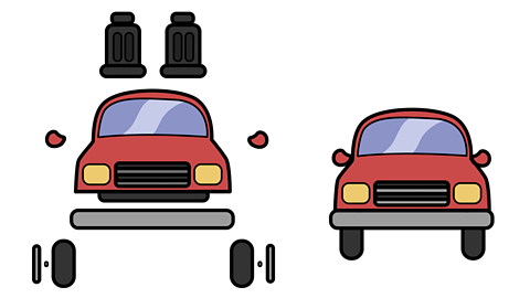 An exploded diagram of a red car. The car as normal on the right. The car with the seats, wing mirrors, bumper and wheels detached on the left.