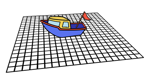 A blue and yellow ship design on a black and white squared grid.