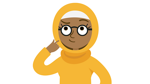 An illustration of a woman in a yellow hoodie thinking.