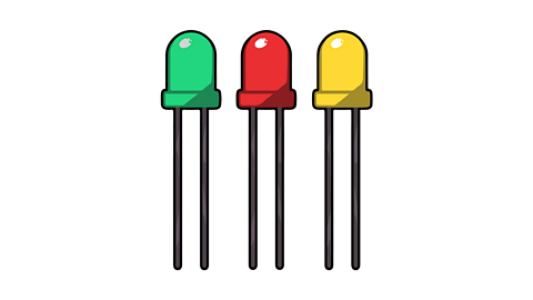 A green LED, a red LED and a yellow LED