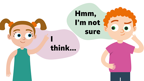 An illustration of a young girl with a speech bubble saying I think and a young boy thinking with a speech bubbles saying hmm, I'm not sure.