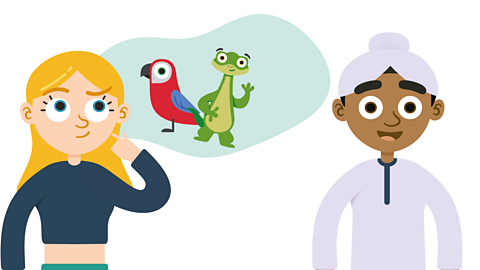 An illustration of a young boy and girl with a speech bubble showing a parrot and lizard.