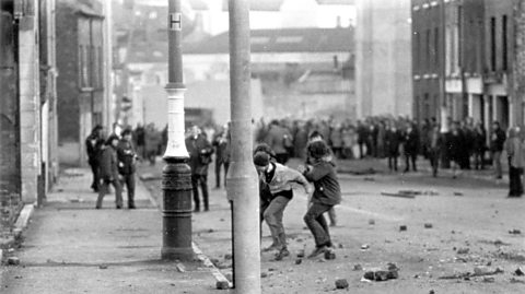 Photograph of civil disturbances and unrest in the aftermath of Bloody Sunday - Derry/Londonderry, 1972.