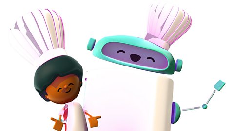 A cartoon boy and robot, both wearing a chef's hat and an apron, smiling and waving