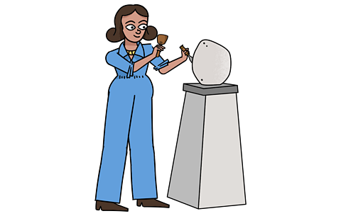 An illustration of artist Barbra Hepworth caving a sculpture. 