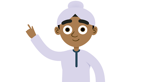 An illustration of a boy pointing at the top left corner and looking straight ahead.