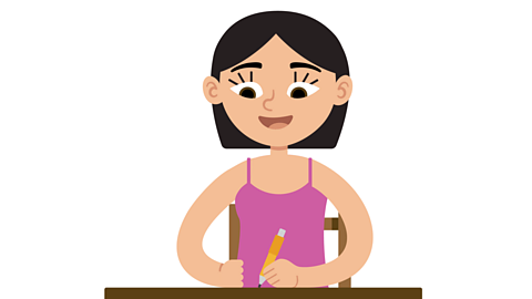 An illustration of a girl writing with a pencil at a desk.