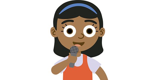 An illustration of a young girl smiling with a microphone in her hand.