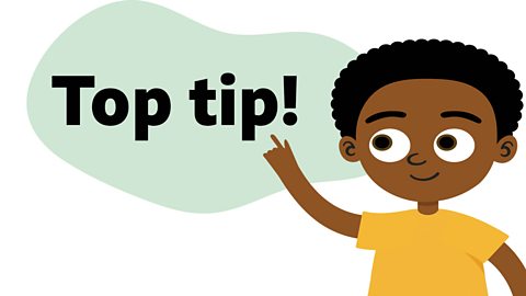 An illustration of a young boy pointing to a speech bubble saying top tip.