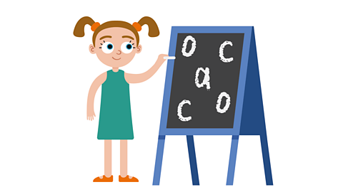 An  illustration of a young girl writing the letters c, o and a on a blackboard with chalk.