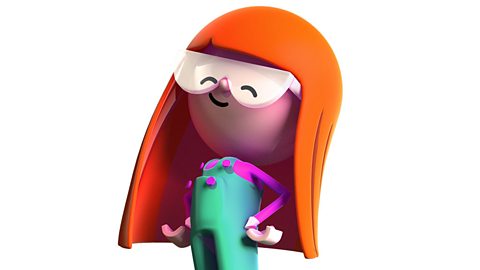 A cartoon girl with goggles, green dungarees and orange hair smiling