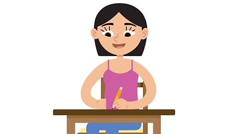 An illustration of a young girl smiling and writing at a desk.