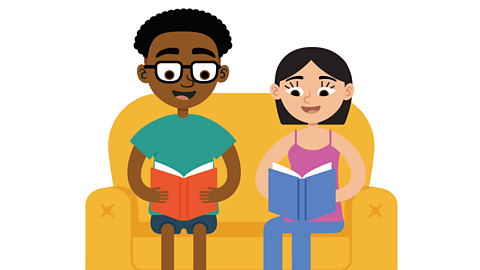 An illustration of a young girl and young boy reading on a yellow sofa.