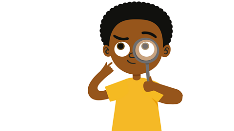 An illustration of a young boy thinking with a magnifying glass.