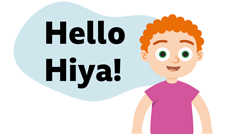 An illustration of a young boy smiling with a speech bubble saying hello and hiya!