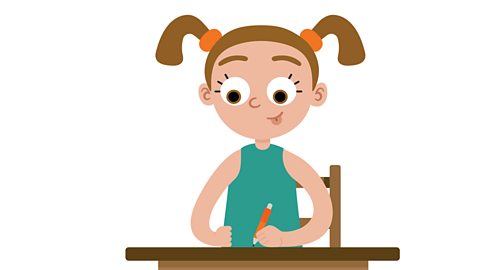 An illustration of a young girl writing at a desk.