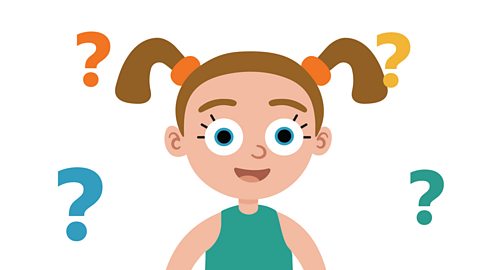 An illustration of a young girl smiling with question marks around her.