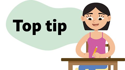 An illustration of a young girl sat at a desk with a speech bubble saying top tip.