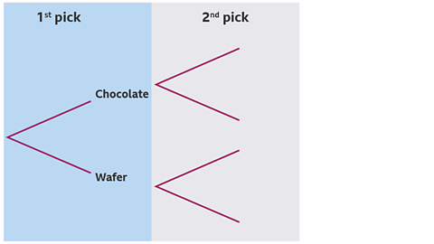 An uncompleted probability tree, showing Ross's probability of picking chocolate and wafer biscuits in two consecutive times.