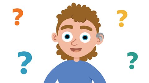 An illustration of a young boy smiling with question marks around his head.