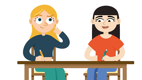 An illustration of two young girls sat at a desk.