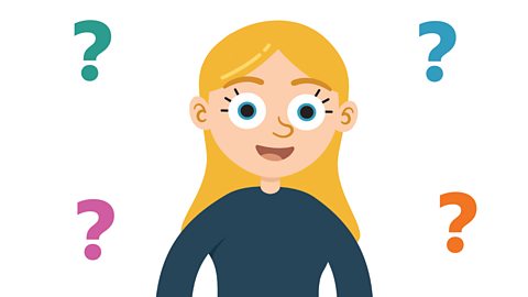 An illustration of a young girl smiling with question marks around her head.