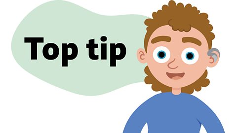 An illustration of a young boy smiling with a speech bubble saying top tip.