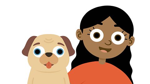 An illustration of a young girl smiling with a pug.