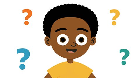 An illustration of a young boy smiling with question marks around him.