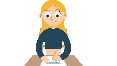 An illustration of a young girl smiling whilst writing at a desk.