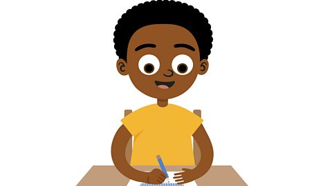 An illustration of a young boy smiling and sat at a desk writing.