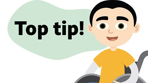 An illustration of a young boy smiling with a speech bubble saying top tip.